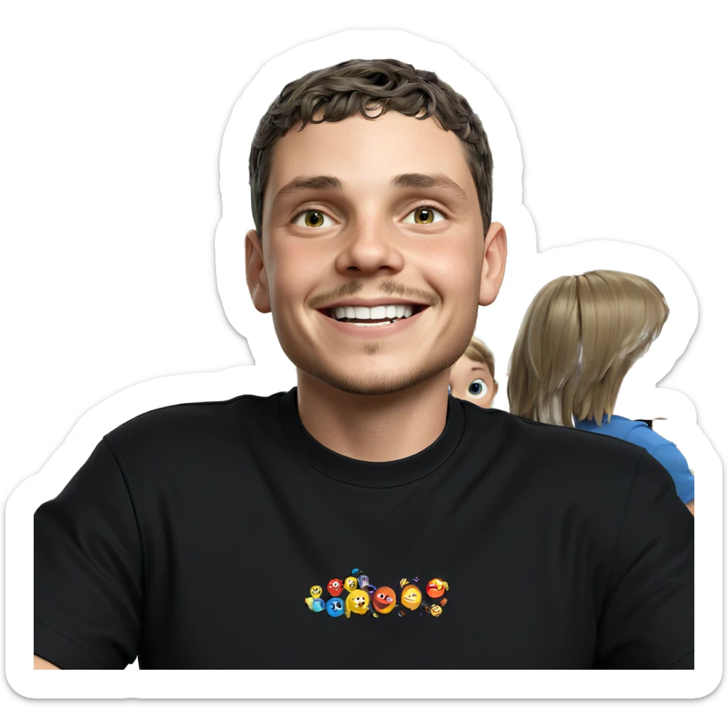 smiling boy in black shirt sticker