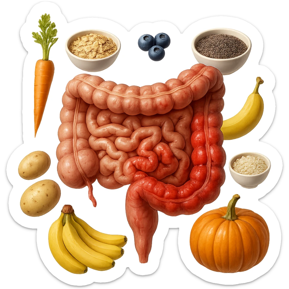 intestino umano anatomico infiammato con carota, bowl di avena, mirtilli, bowl di semi di chia, patate, banane, zucca, bowl di riso che gli fluttuano dietro, iperrealistico 4k sticker