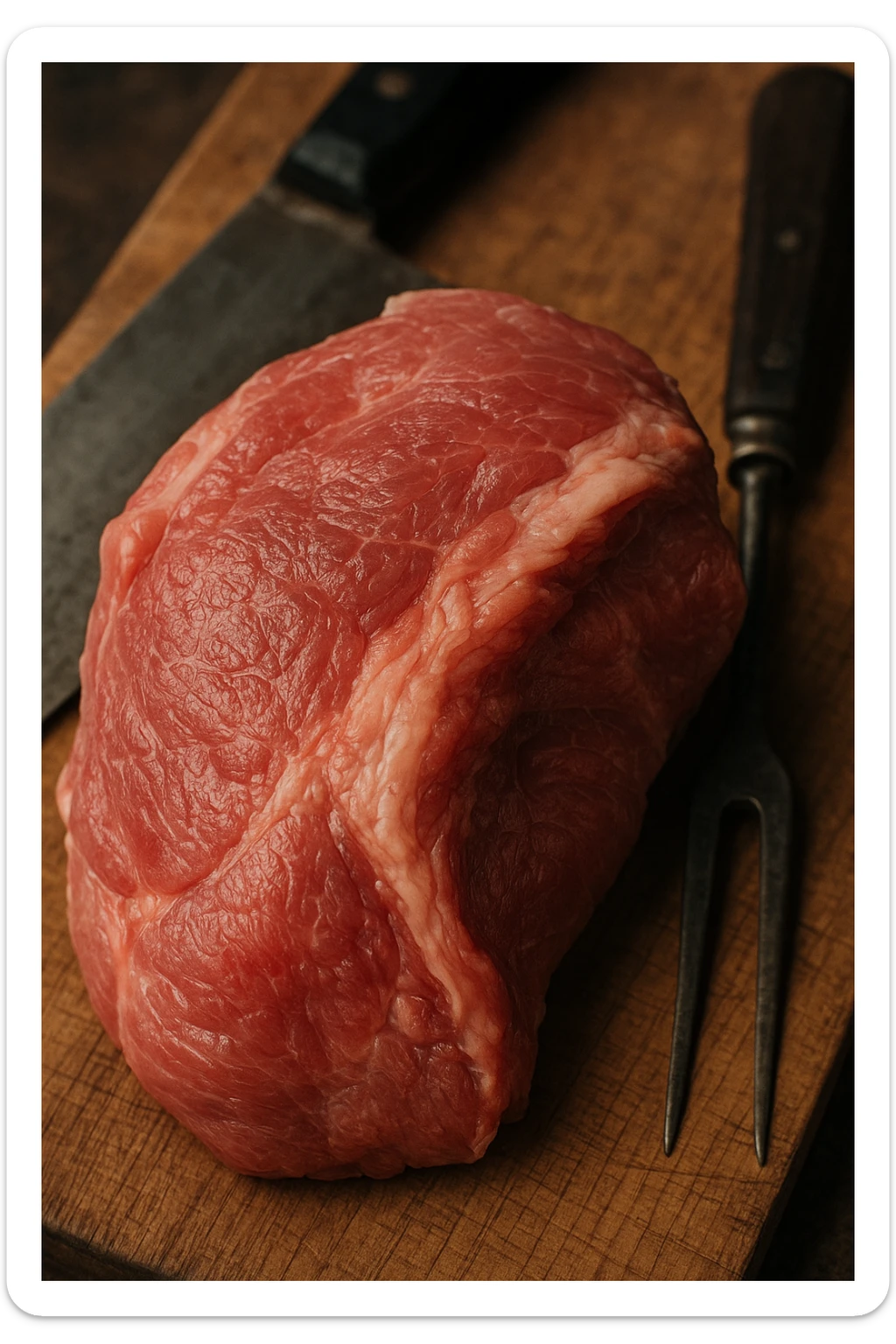 Macro fotografia di carne di maiale cruda, con dettagli che ricordano la consistenza e il colore della carne umana, posata su un tagliere di legno accanto a strumenti da cucina. Atmosfera realistica e leggermente inquietante. sticker