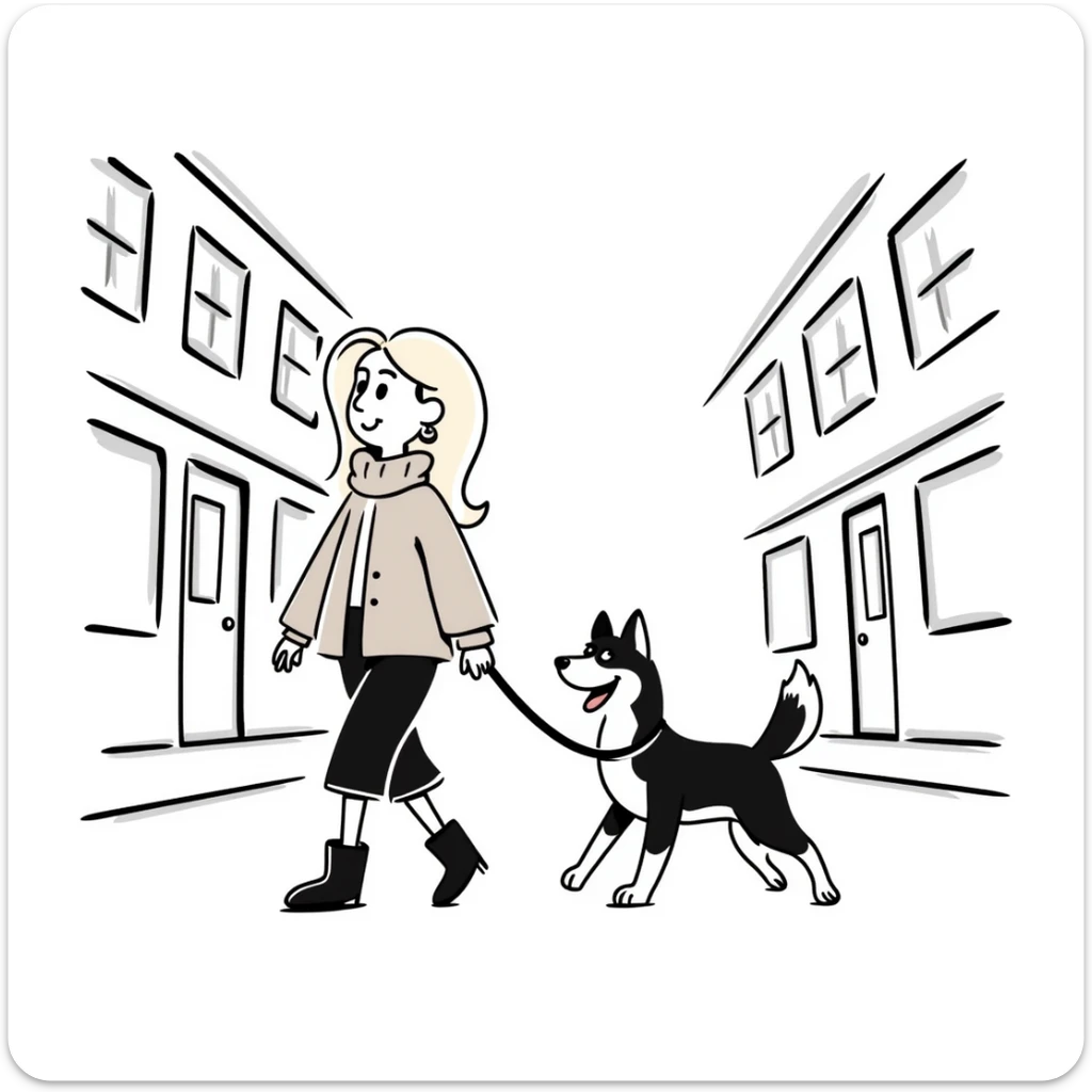 Blonde woman wearing a sweater walking a happy Siberian husky in New York City on an upper east side city sidewalk  sticker