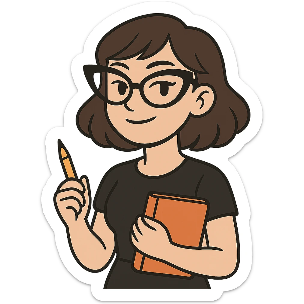 designer girl with medium hair, wearing cat-eyed glasses, minimal flat style, chic sticker