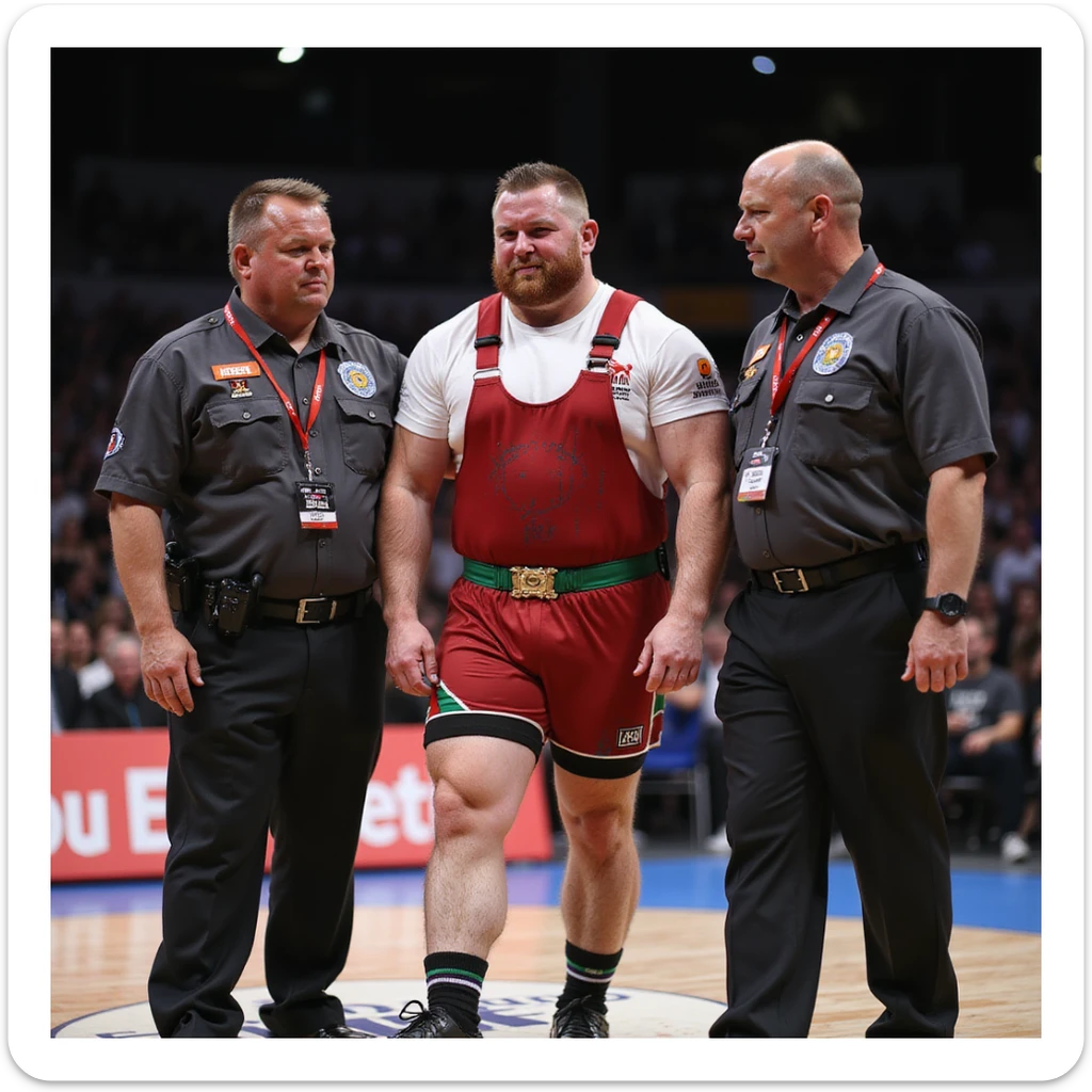 European powerlifter in competition, helped to walk by two officials after injury, expression of pain and disappointment, competition clothing, solidarity atmosphere, realistic details, competition area background. sticker