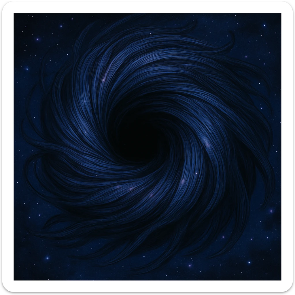 a black hole made of swirling hair, cosmic and mysterious, with strands forming a spiral, ghibli style, cosmic and mysterious sticker