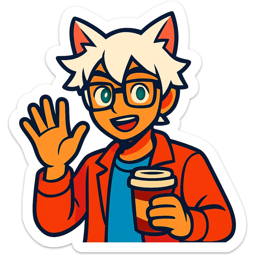 An anime guy with white hair, white cat ears, green eyes, and glasses, holding a coffee cup in his hand and waving sticker