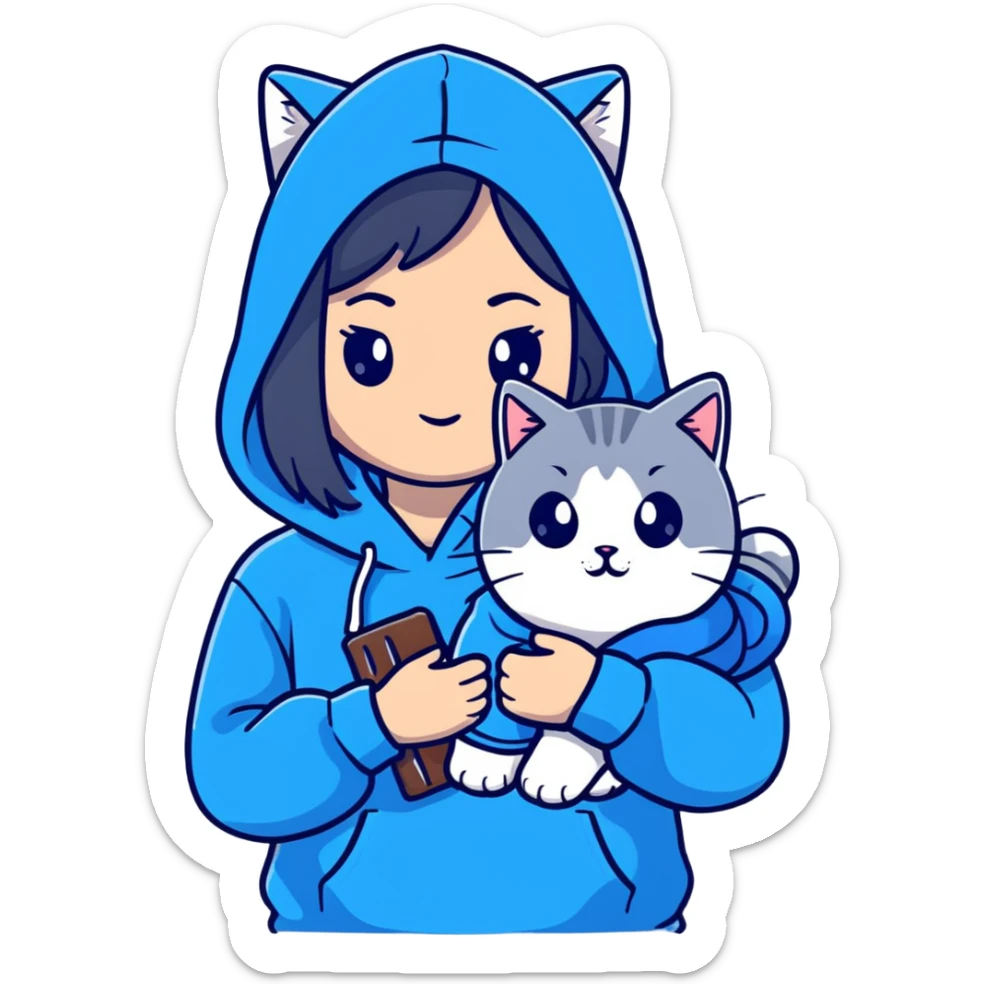Girl with black hair wearing gray hoodie with a British shorthair blue and white cat and a long-haired blue and white cat sticker