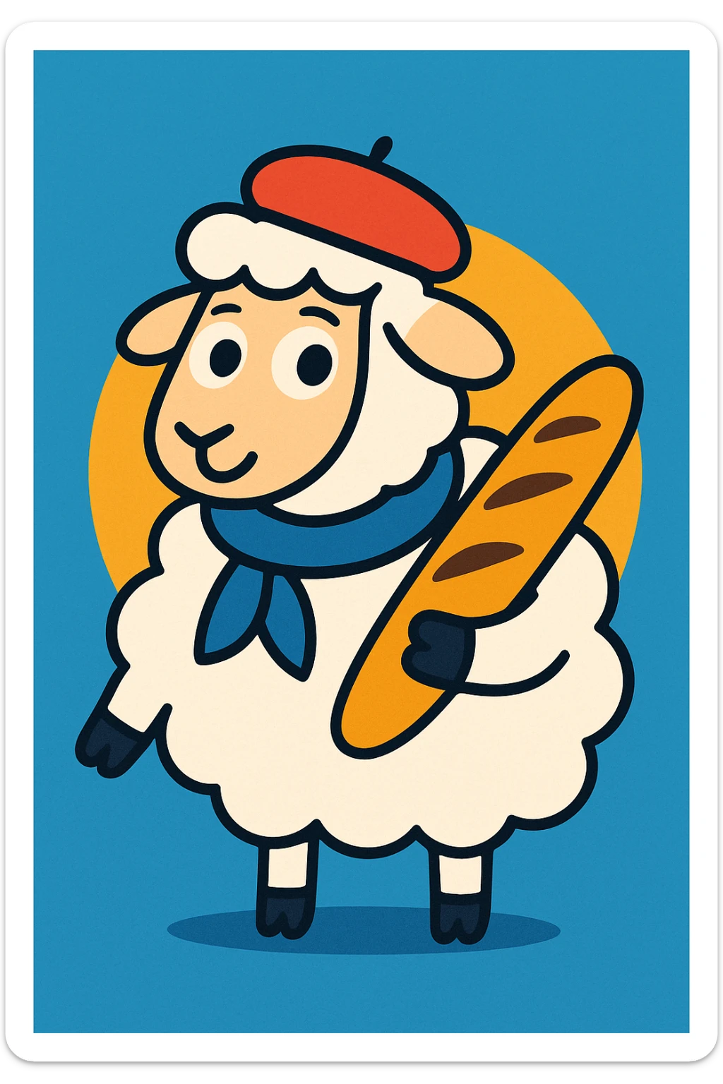 a sheep from France wearing a beret and holding a baguette, vibrant toon style sticker