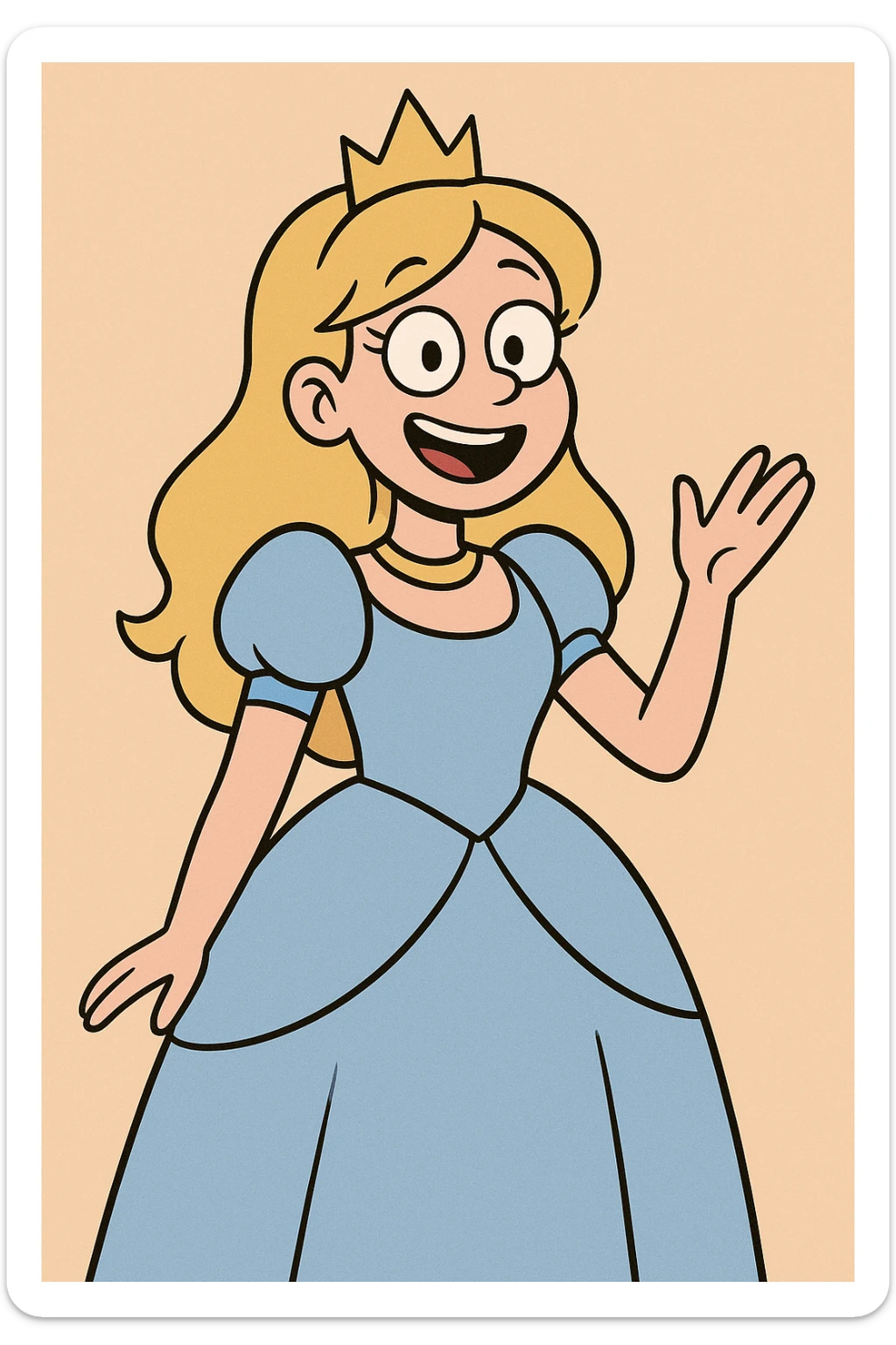 princess with a baby blue dress, cartoon style, cheerful expression, simple background sticker