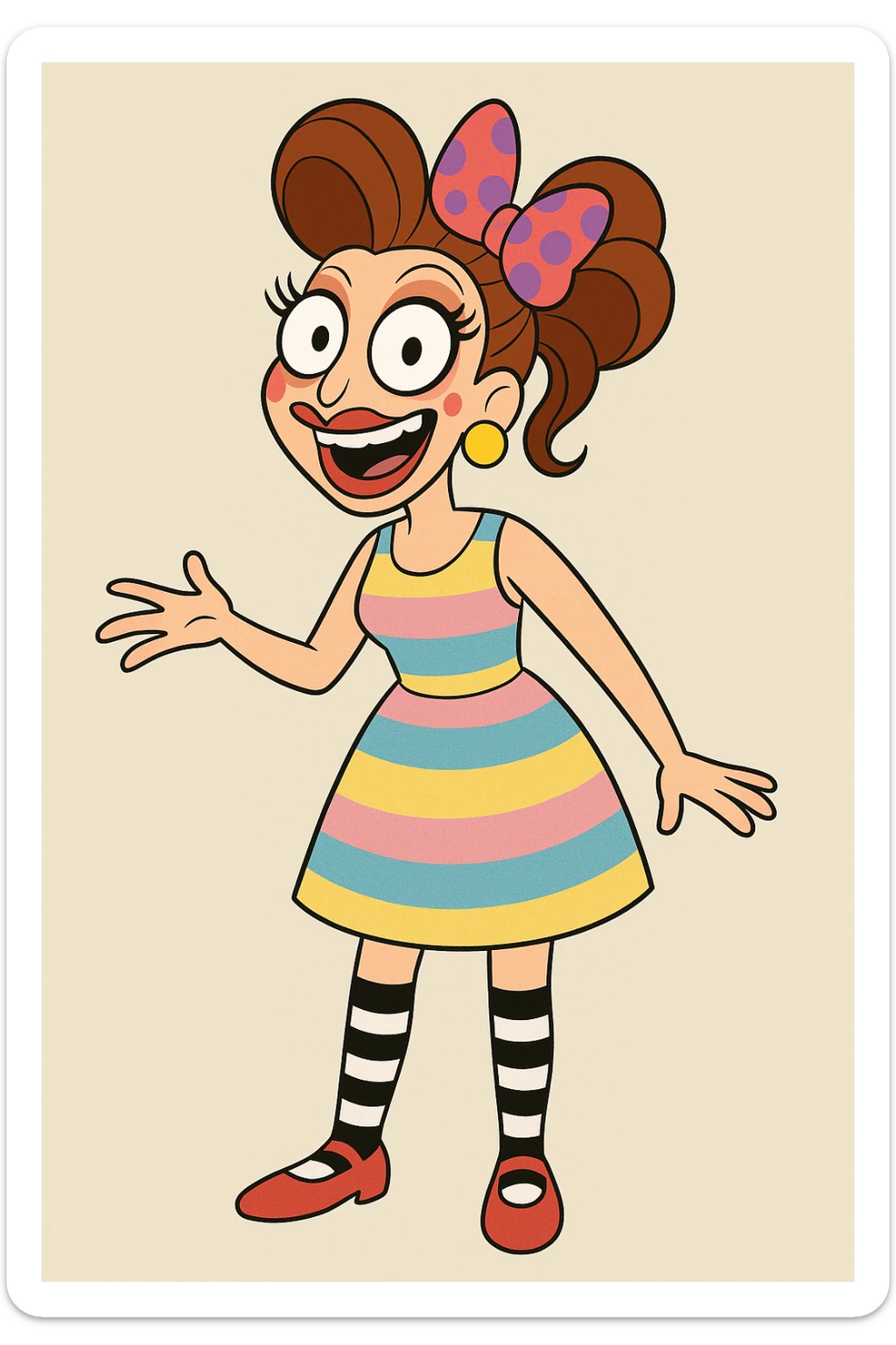 Bianca Del Rio red and purple spots hair ribbon yellow pink blue and Stripes dress black and white stripes socks red shoes  sticker