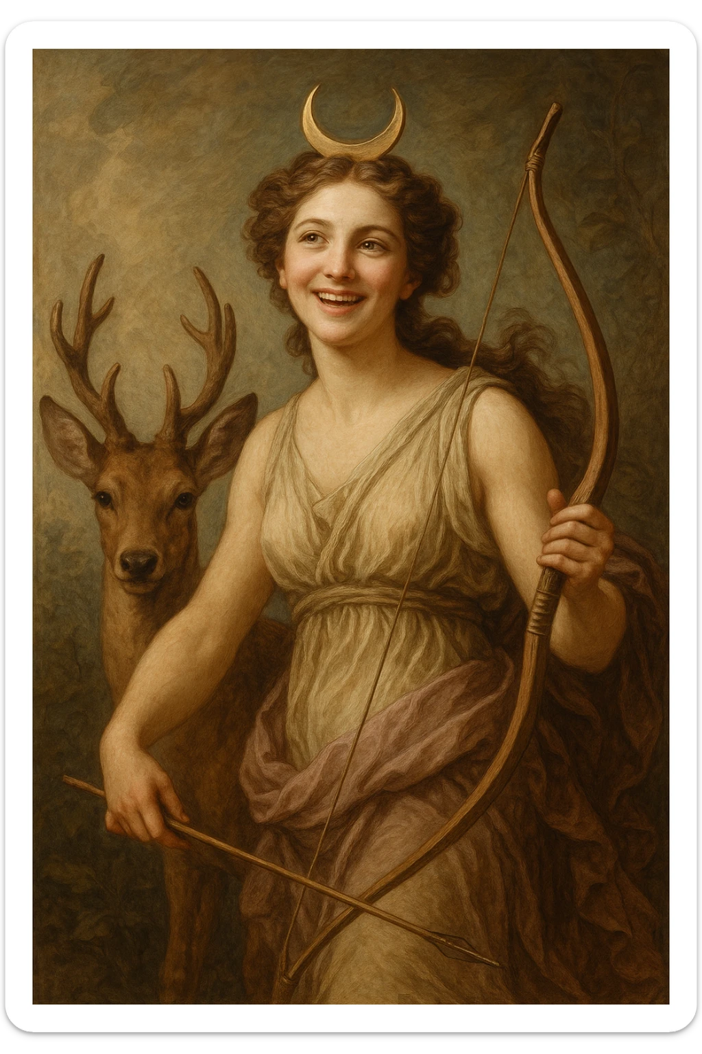 Happy Diana, the goddess of the hunt, with a deer companion, holding a bow, crescent moon crown, joyful expression, mythological style sticker