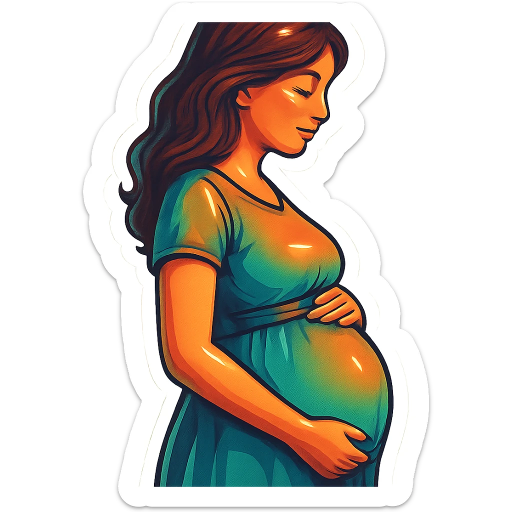 pregnant woman half-length portrait, standing sideways, holding belly, face and head fully in frame, retro stickers style, soft rounded shapes, expressive contours, vintage color palette, light paper texture, shadows and highlights, transparent background, dress with belt and loose hair sticker