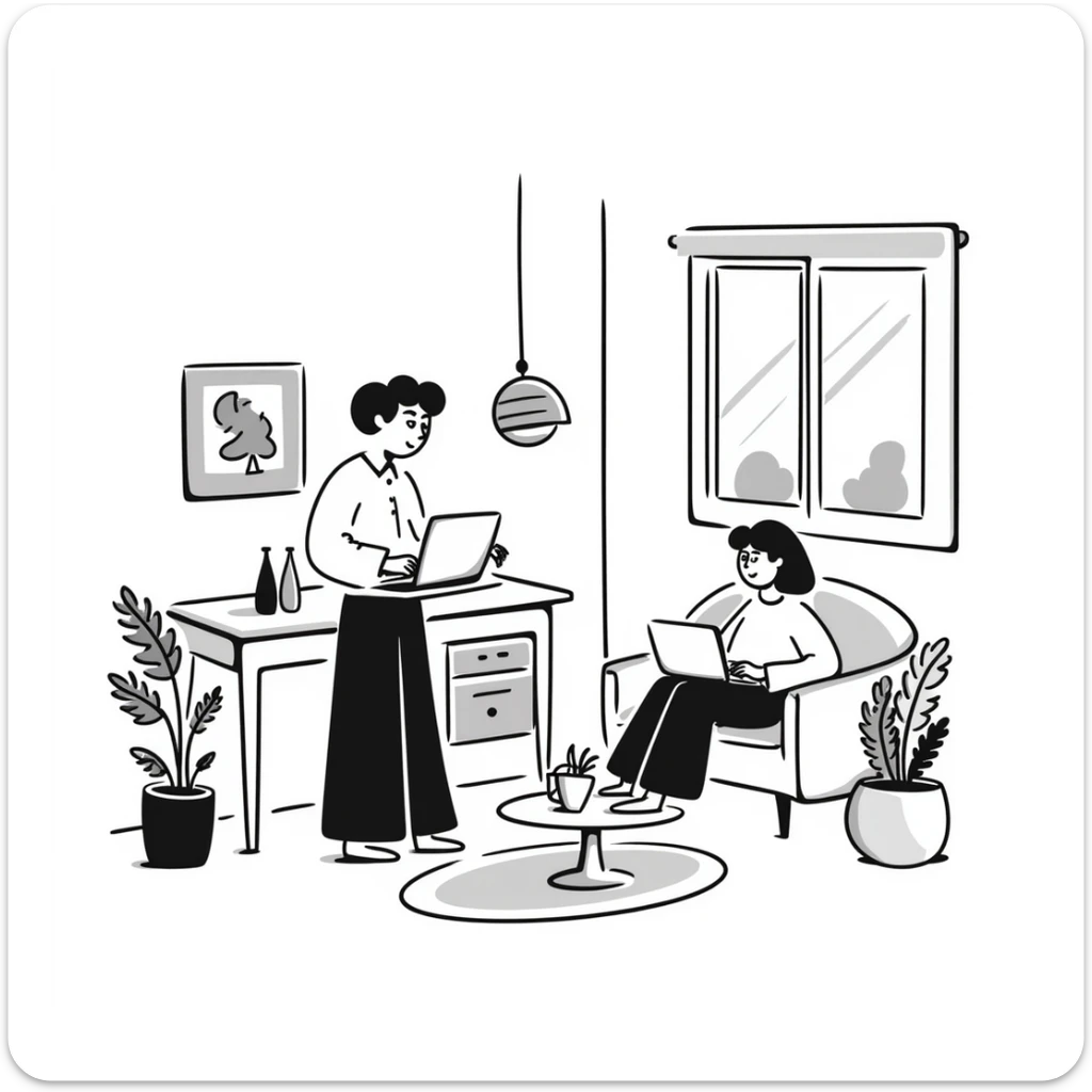 escenary 3d of a cozy mid-century living room with two people working on laptops, one man standing at a desk, and one woman sitting on a couch sticker