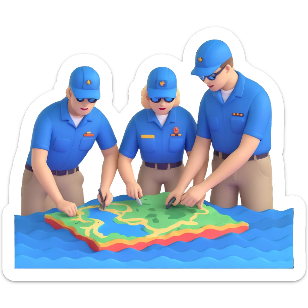 Team of marine geologists examining 3D maps of underwater terrain created from sonar data sticker