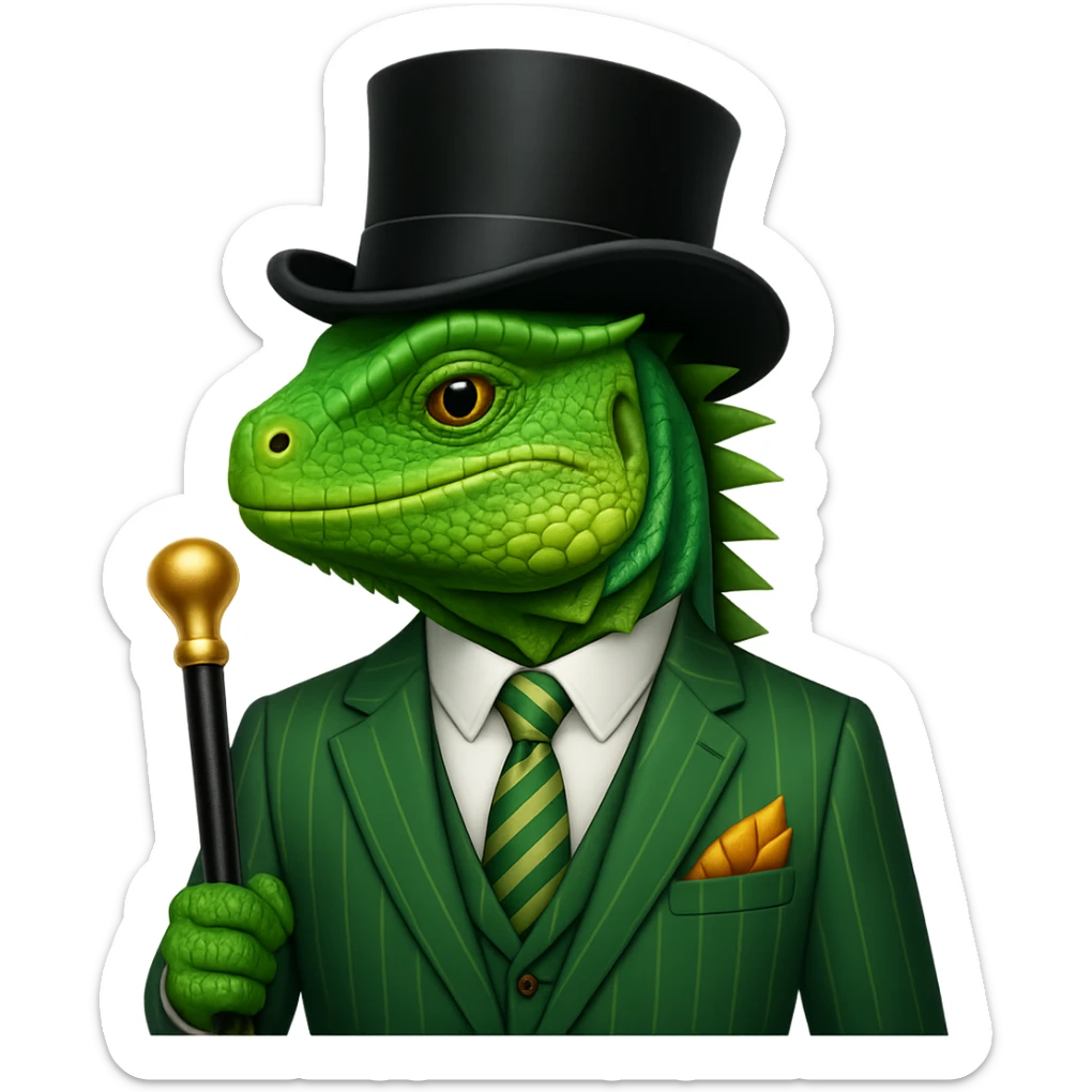Add a top hat and cane to the iguana in a pinstripe suit in the style of apple emojis. Keep the apple emoji style consistent with the original image. sticker