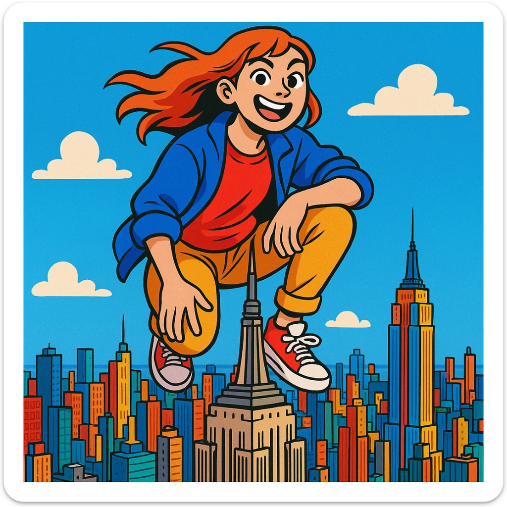a girl squatting on top of the Empire State Building, city skyline in the background, playful and bold composition sticker