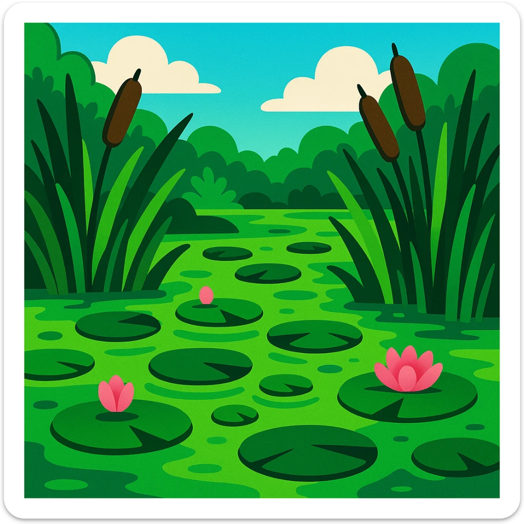 lush green swamp with lily pads and reeds, vibrant cartoon style sticker