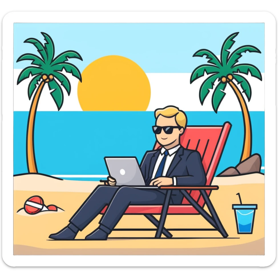 blonde man in business suit sitting on beach chair, vacation setting with palm trees sticker