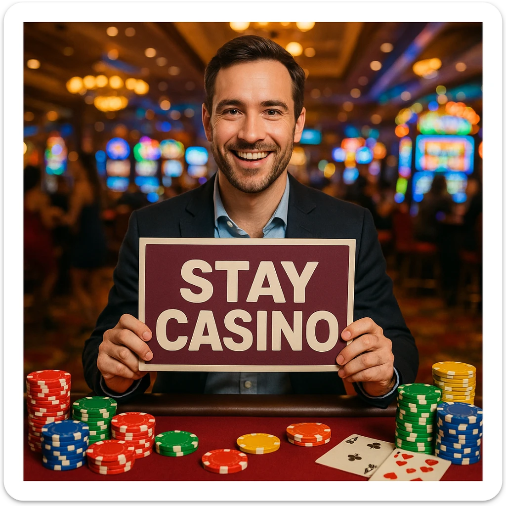A man in a casino, holding a 'Stay Casino' sign, colorful chips and cards around, lively environment. sticker