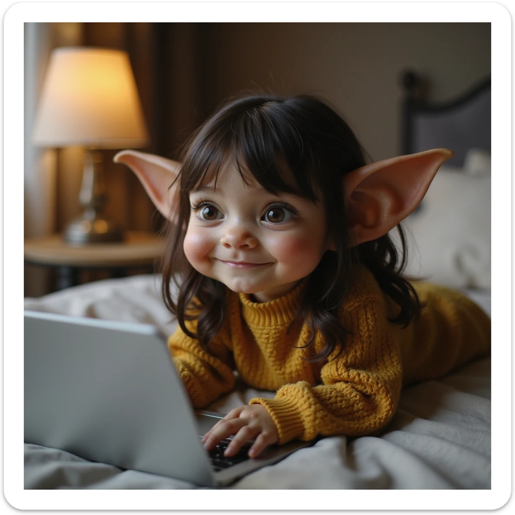 photorealistic gremlin girl with dark brown hair, pretending to work from bed, playful expression, laptop nearby, cozy bedroom sticker