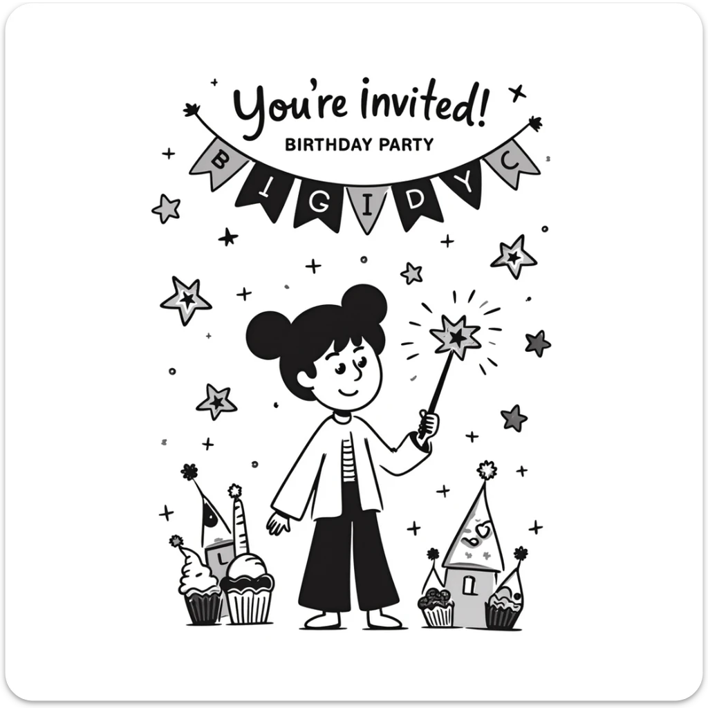 colorful magical themed birthday party invitation illustration with sparkles, wands, whimsical decorations, and the text: "You're Invited! Birthday Party at 100 Post St, San Francisco, May 10, 2025" sticker