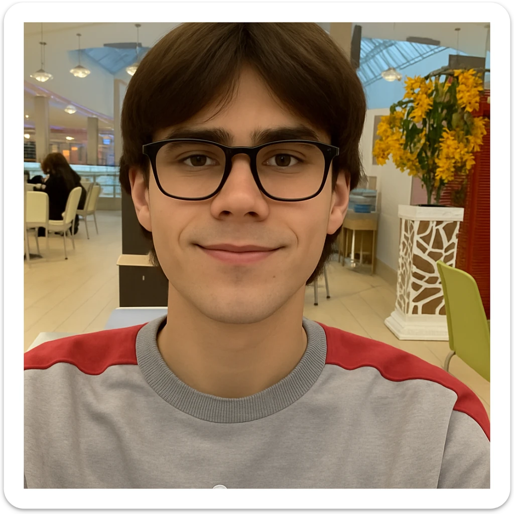 Dark-haired guy with hair to his earlobes, square black glasses, brown eyes, bufo style sticker