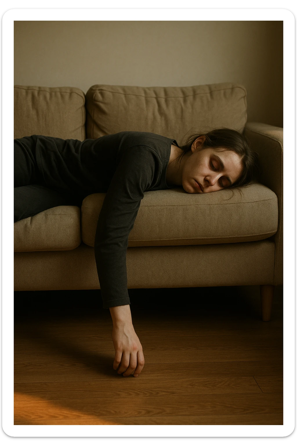 Empathetic photorealistic shot of a woman collapsed on a sofa, her body completely limp as if made of lead. One arm hangs off the edge, touching the floor. Her eyes are closed, face pale with dark circles. The afternoon light is warm but fails to energize the scene, emphasizing her profound exhaustion. sticker
