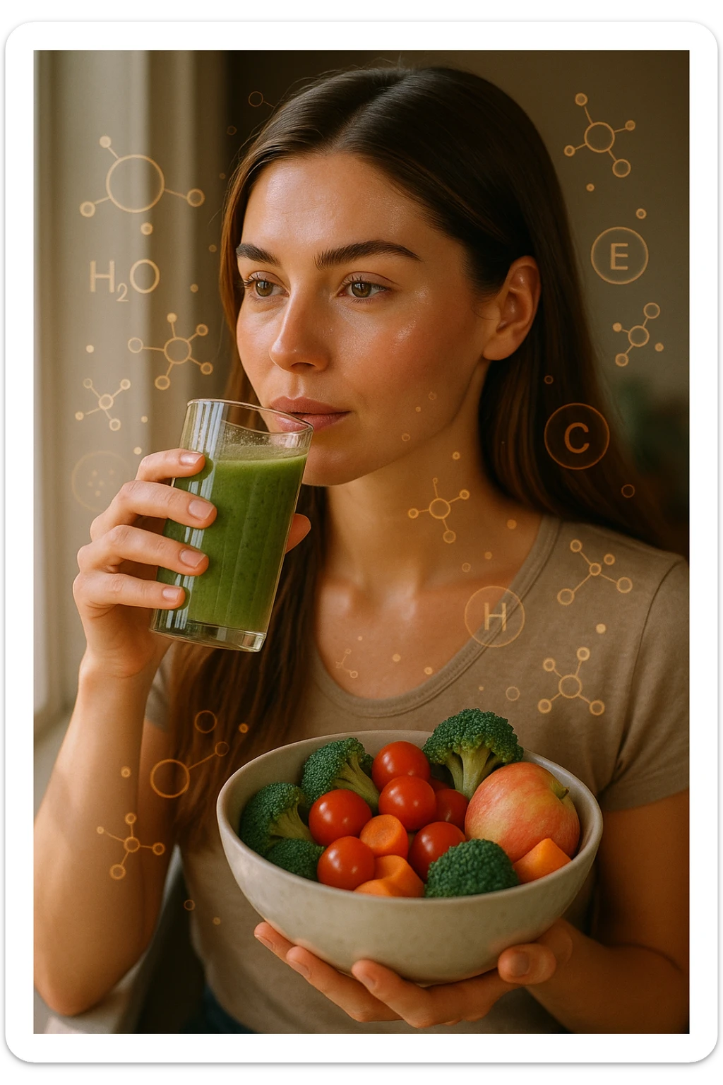 A highly realistic, cinematic portrait of a young woman in her late 20s with glowing, clear, healthy skin and a vibrant scalp with strong, shiny hair, symbolizing internal health reflecting outward. She has a calm, confident expression while sitting by a window with warm daylight softly illuminating her face, highlighting smooth, hydrated skin with a natural glow. Her hair appears clean, full, and strong, indicating a healthy scalp and balanced sebum production. She is drinking a glass of green smoothie rich in antioxidants and holding a bowl of colorful fruits and vegetables, symbolizing how internal nutrition supports skin and scalp health. Subtle, softly glowing overlays of molecular symbols for vitamins, minerals, and hydration molecules gently swirl around her, visually representing the concept of beauty and skin health from the inside out. Style: 35mm hyperrealistic film look, warm tones, soft depth of field, focusing on clear skin texture, healthy scalp, and vibrant hair to inspire holistic wellness sticker