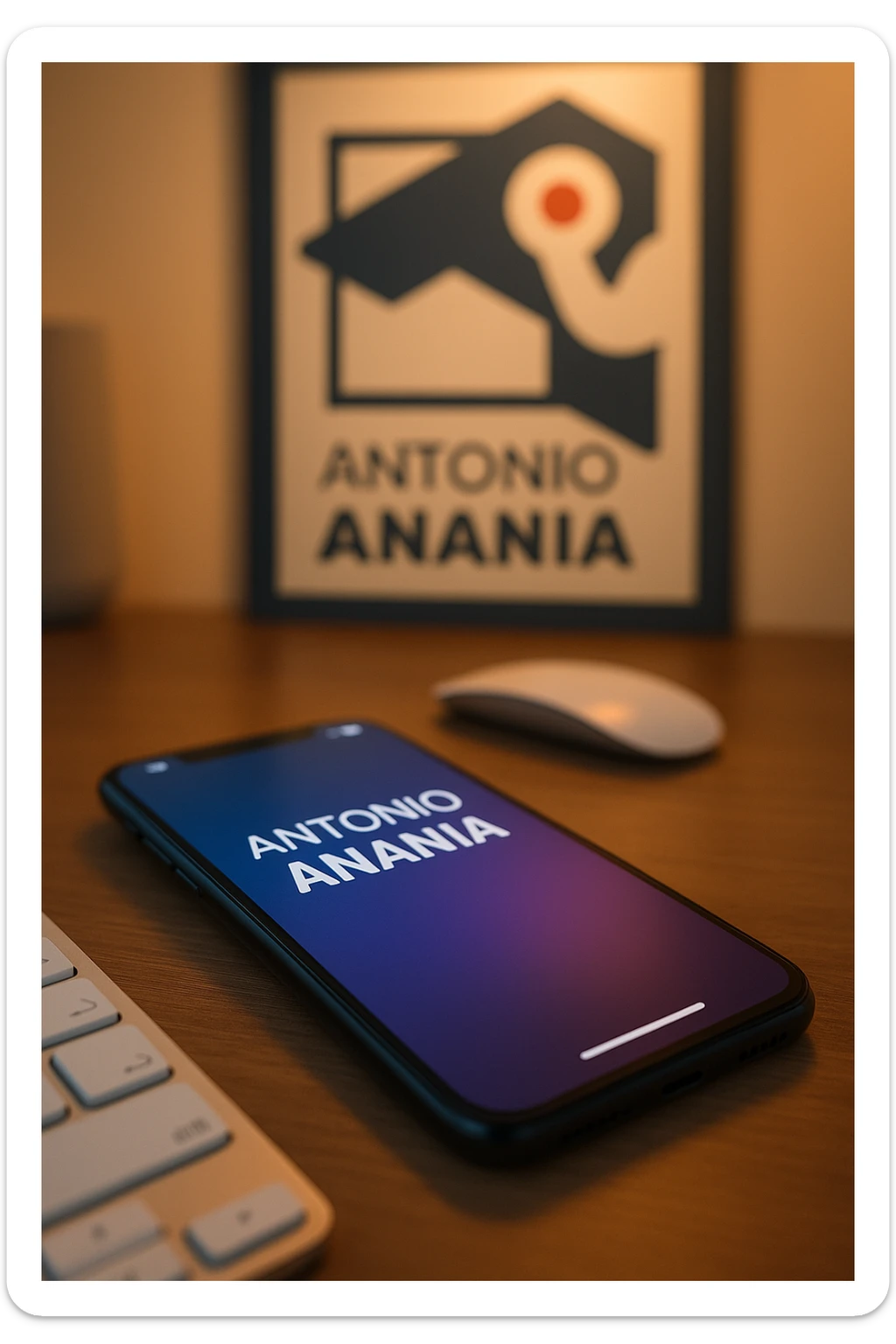 A photo of an iPhone on the desk with the message "Antonio Anania" on its screen, The phone sits atop a desk with a blurred with the logo in the background that suggests work environment. A faint glow from above casts gentle shadows across the surface of each object, creating depth and highlighting their textures sticker