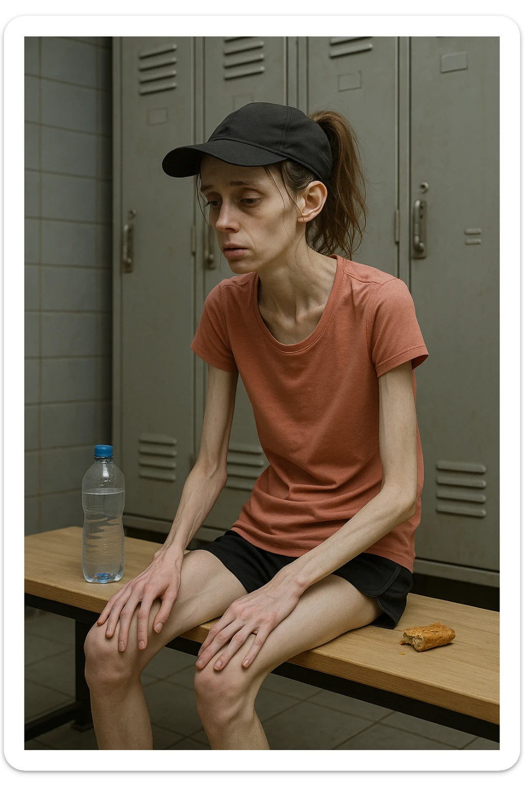 3D rendered scene: a woman in her 20s wearing running clothes sits on a bench in a locker room, looking exhausted and weak. Her face shows signs of fatigue, and her limbs appear thin and lacking muscle tone. A water bottle and a small, half-eaten snack are beside her, hinting at insufficient nutrition. The environment is realistic, with a focus on her physical and emotional state. sticker