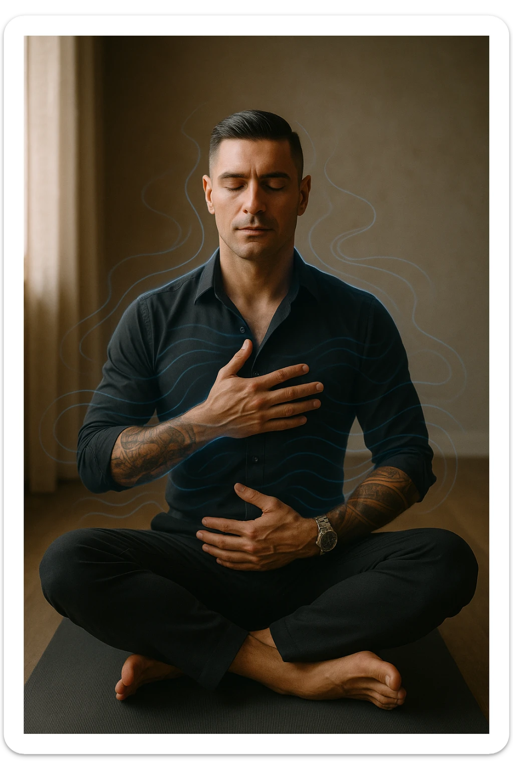 A highly realistic, cinematic portrait of a man in his early 30s with a calm, focused expression, sitting cross-legged on a yoga mat in a softly lit room. His eyes are closed, and he is performing deep diaphragmatic breathing, with one hand resting on his chest and the other on his abdomen, visibly rising and falling with each breath. A subtle glow or faint blue light outlines his body, symbolizing calm energy and nervous system regulation. Around him, faint symbolic waves or flowing lines in blue tones represent the breath calming the autonomic nervous system, while a soft warm light from a window illuminates his relaxed face. The atmosphere is peaceful and grounded, with warm natural tones and a clean, minimalist setting, evoking the feeling of inner calm and nervous system reset through conscious breathing. Style: 35mm hyperrealistic film photography, soft depth of field, warm lighting with clear focus on the man's peaceful face and breathing posture sticker