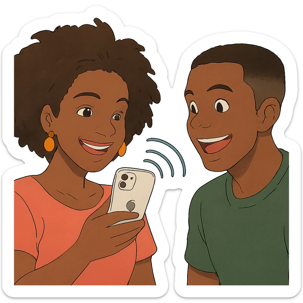 ghibli style Afro-Caribbean woman smiling, holding iPhone, sending footage to a Black man with a skin fade, both smiling sticker