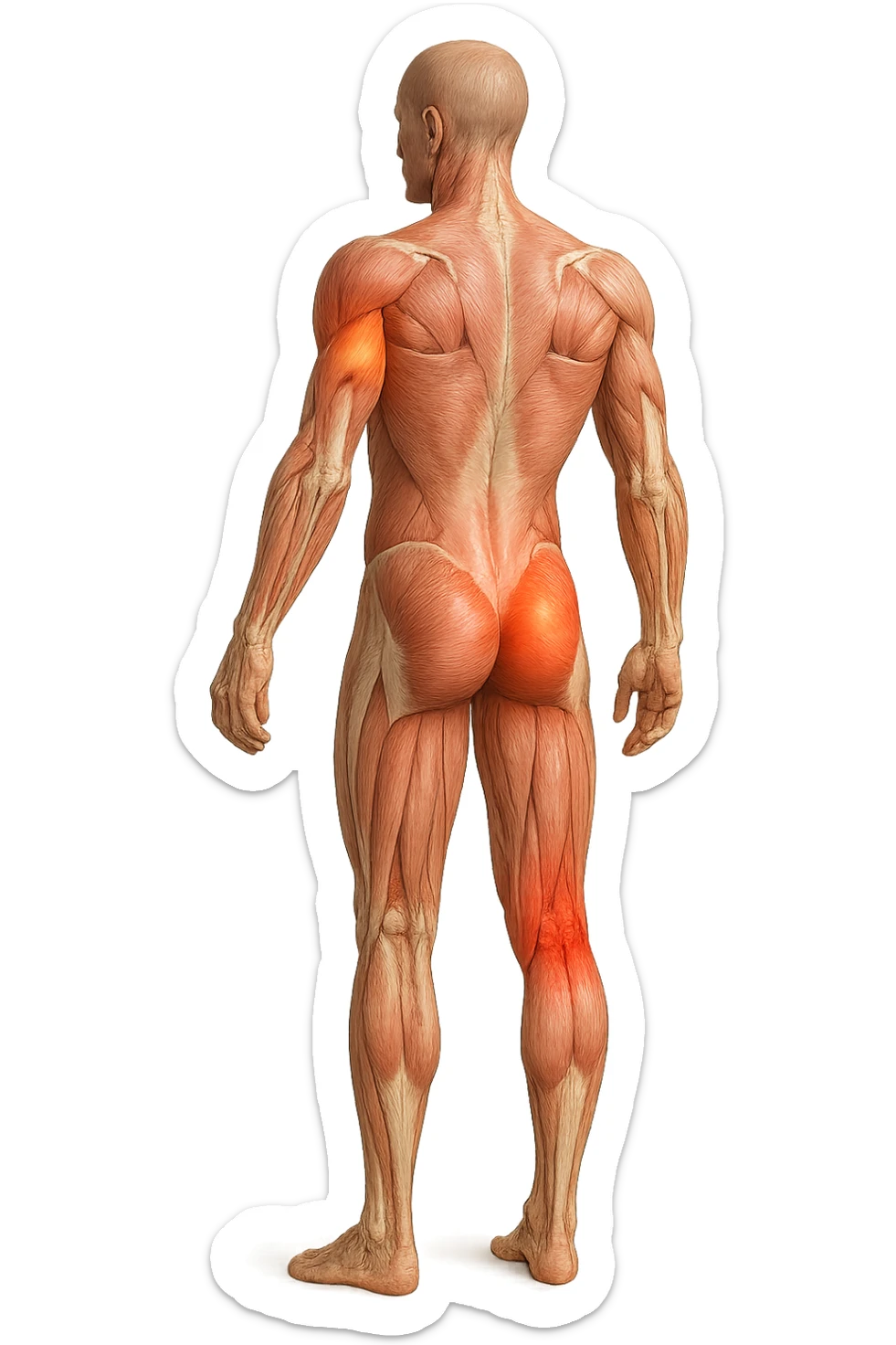 CORPO UMANO ANATOMICO A FIGURA INTERA REALISTICO DI SPALLE CON DOLORE ALLA LOMBARE INFIAMMATA, DOLORE ALL'ANCA, IPERREALISTICO 4K sticker