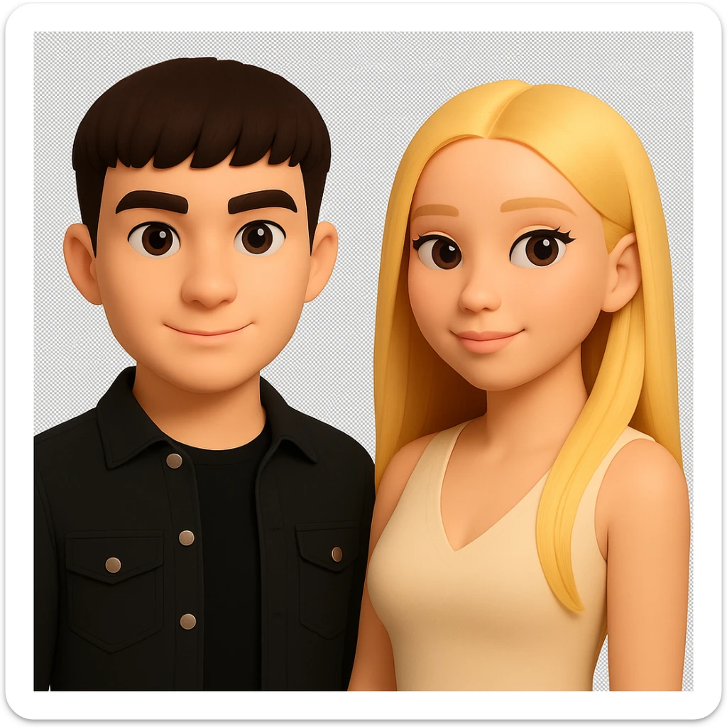 Slightly increase the volume of the upper body of the girl, separate the girl and the boy from each other, make the skin color the same for both characters. Maintain the cartoonish 3D style and keep the background transparent. sticker
