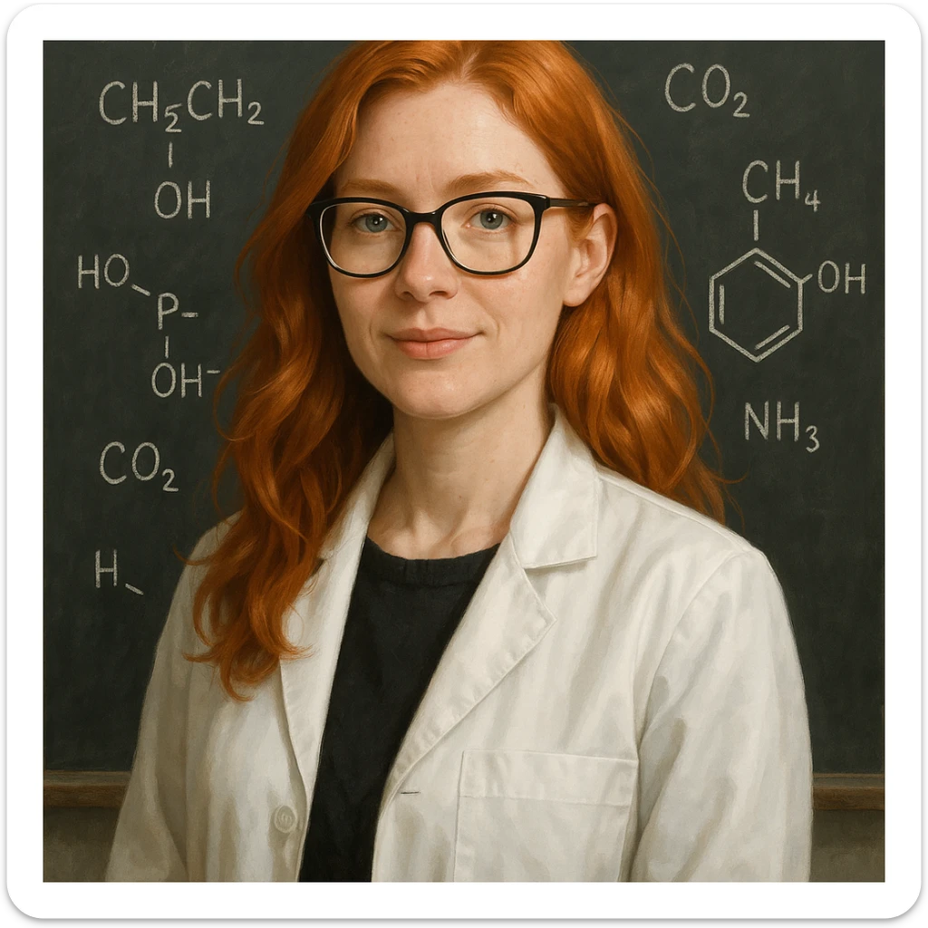 red-haired female chemistry professor wearing white lab coat and glasses, blackboard background with chemical formulas, semi-realistic style sticker