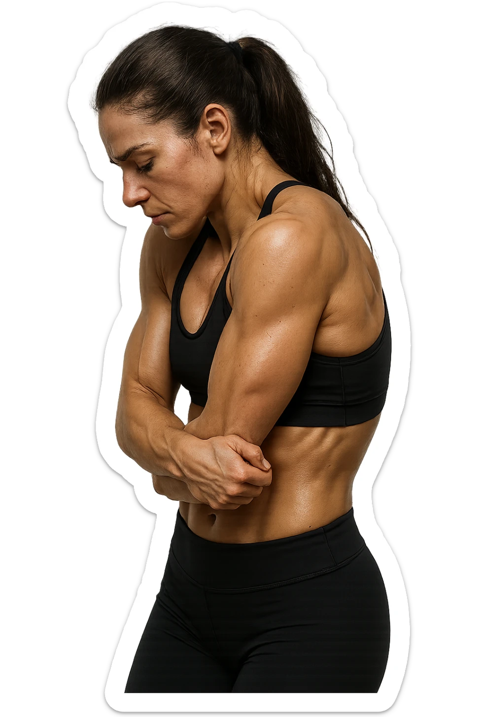 DONNA FITNESS DI PROFILO CON POSTURA CHIUSA E SPALLE IN AVANTI,  iperrealistico 4k sticker