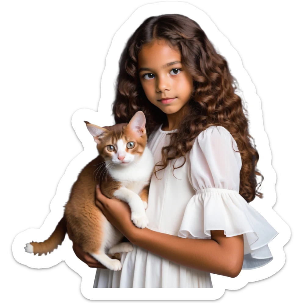 beautiful girl with curly long brown hair wearing a white dress holding an Abyssinian cat with reddish-brown fur in her arms sticker