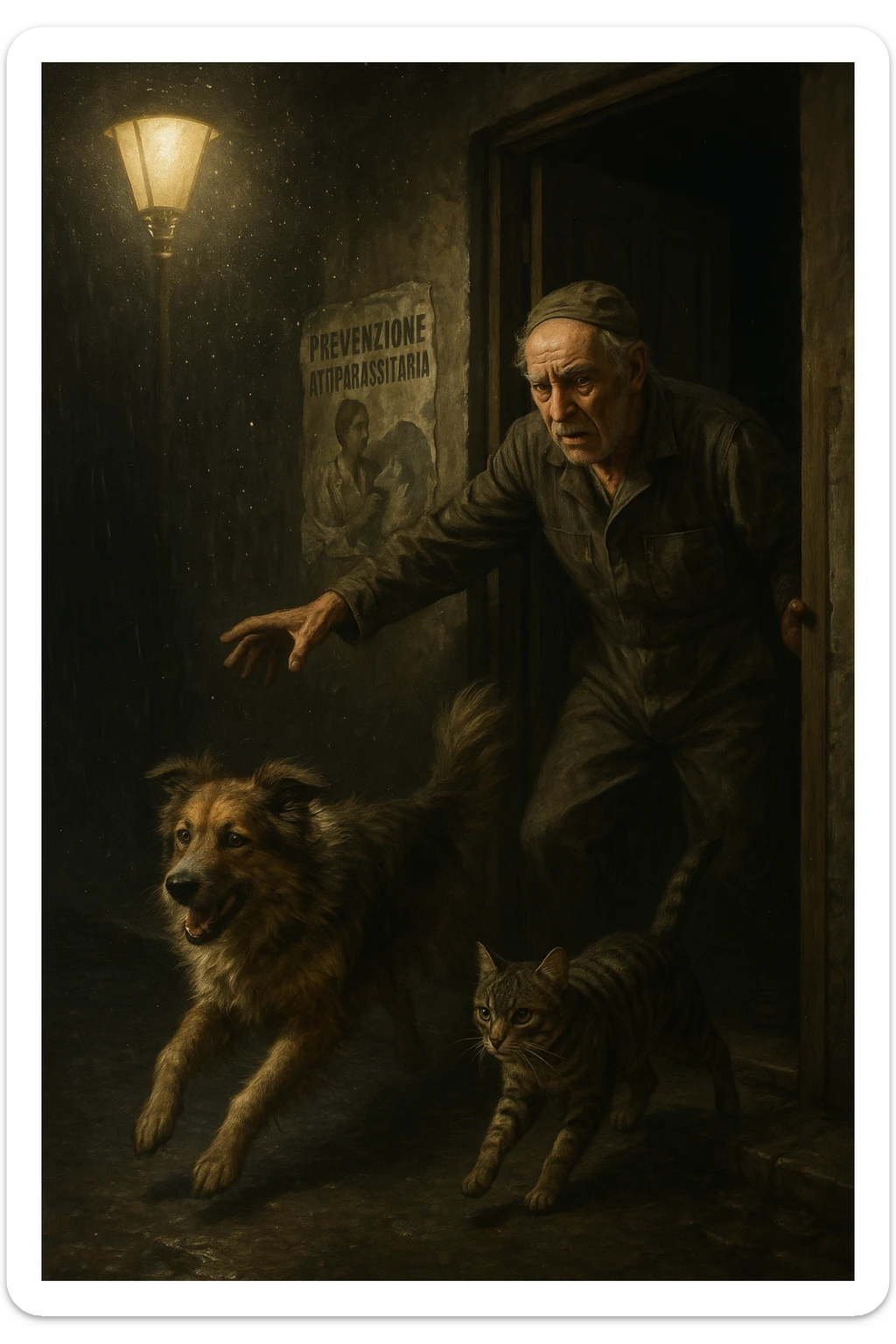 Un uomo anziano in tuta da lavoro, con espressione angosciata, tiene aperta la porta di casa mentre il suo cane (un meticcio a pelo lungo) e il gatto (soriano) scappano nella strada buia sotto la pioggia. Particelle di polvere/pulci fluttuano nell'aria illuminata dal lampione. Sullo sfondo, un poster strappato del veterinario con scritto 'Prevenzione antiparassitaria'. Stile fotorealistico, illuminazione Caravaggesca, toni grigi e ocra. in italiano sticker