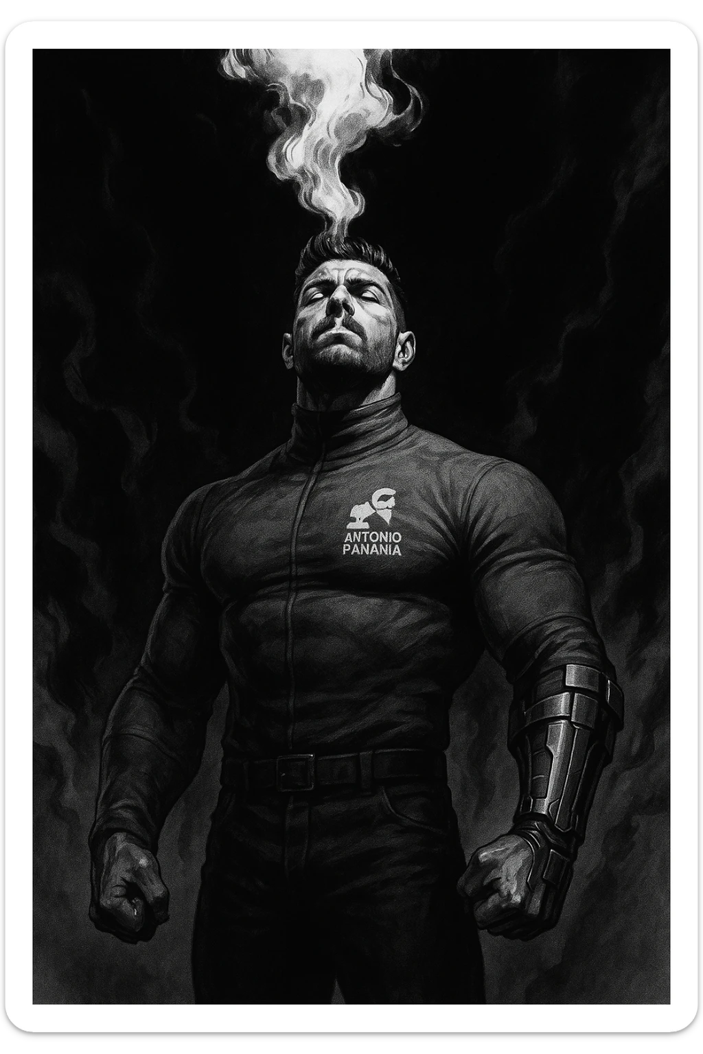 Cinematic Black and white comic book panel of an extremely muscular Italian man with cybernetic implants standing in the dark, surrounded by smoke. He is wearing a long-sleeved shirt with a high collar, and his chest is sculpted. sticker