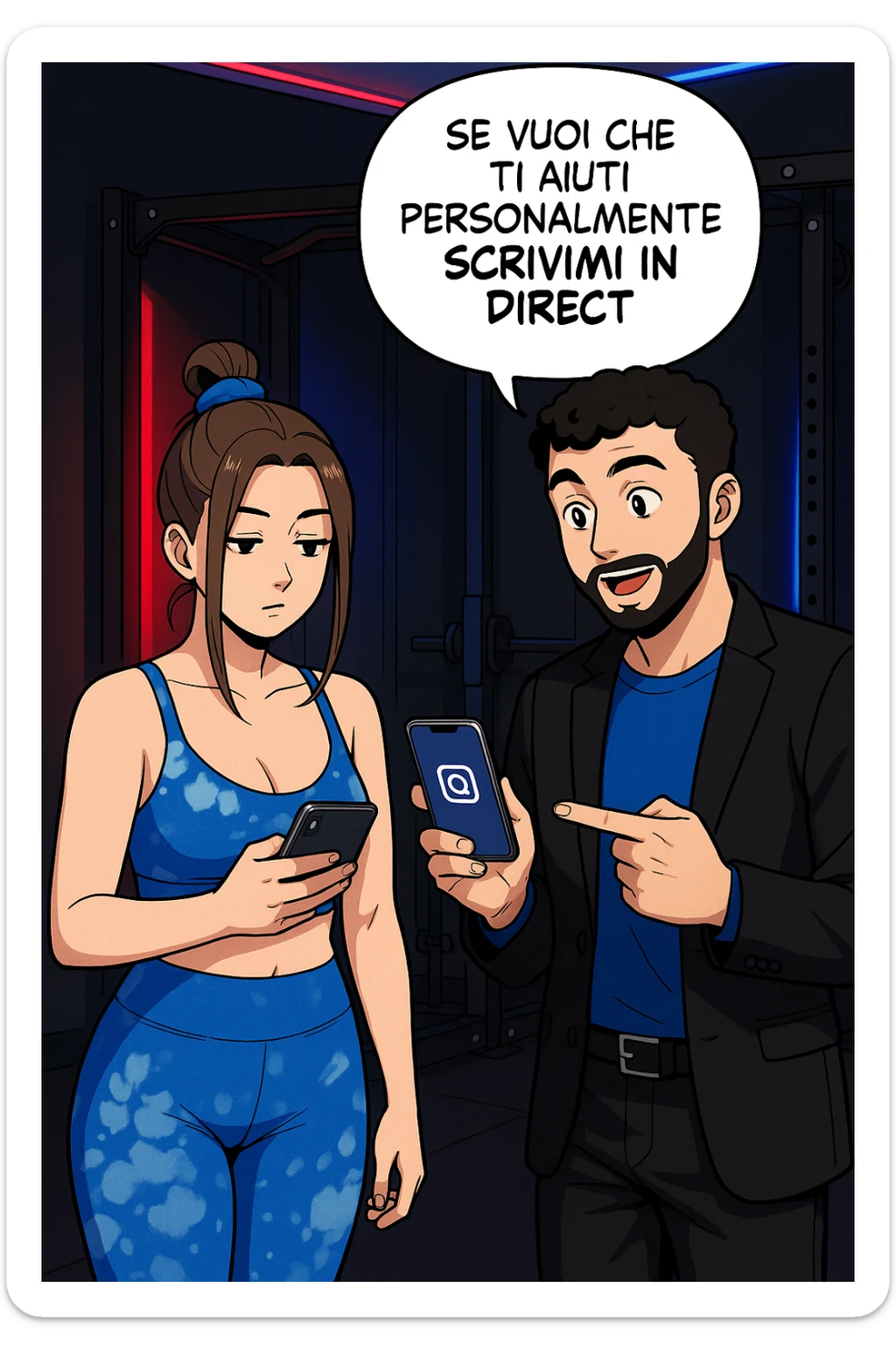 TRASFORMA QUESTO CAROSELLO IN UN FUMETTO STILE WEBTOON/MANGA A COLORI CON QUESTE DUE PERSONE IDENTICHE CHE INTERLOQUISCONO TRA LORO, L'UOMO MOSTRA UNO SMARTPHONE ALLA DONNA INDICANDOLO, E ANCHE LA DONNA HA LO SMARTPHONE IN MANO PER ANDARE A SEGUIRE IL SUO PROFILO INSTAGRAM:

LUI (UOMO): Se vuoi che ti aiuti personalmente
SCRIVIMI IN DIRECT sticker