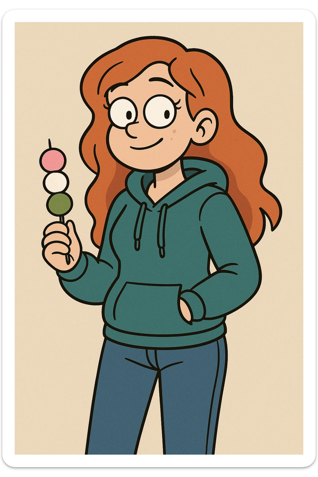 A girl red hair teal women's hoodie blue jeans Dango holding  sticker