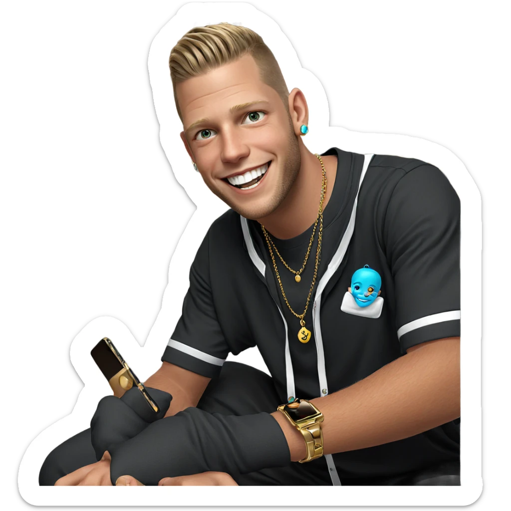 smiling boy with jewelry sticker