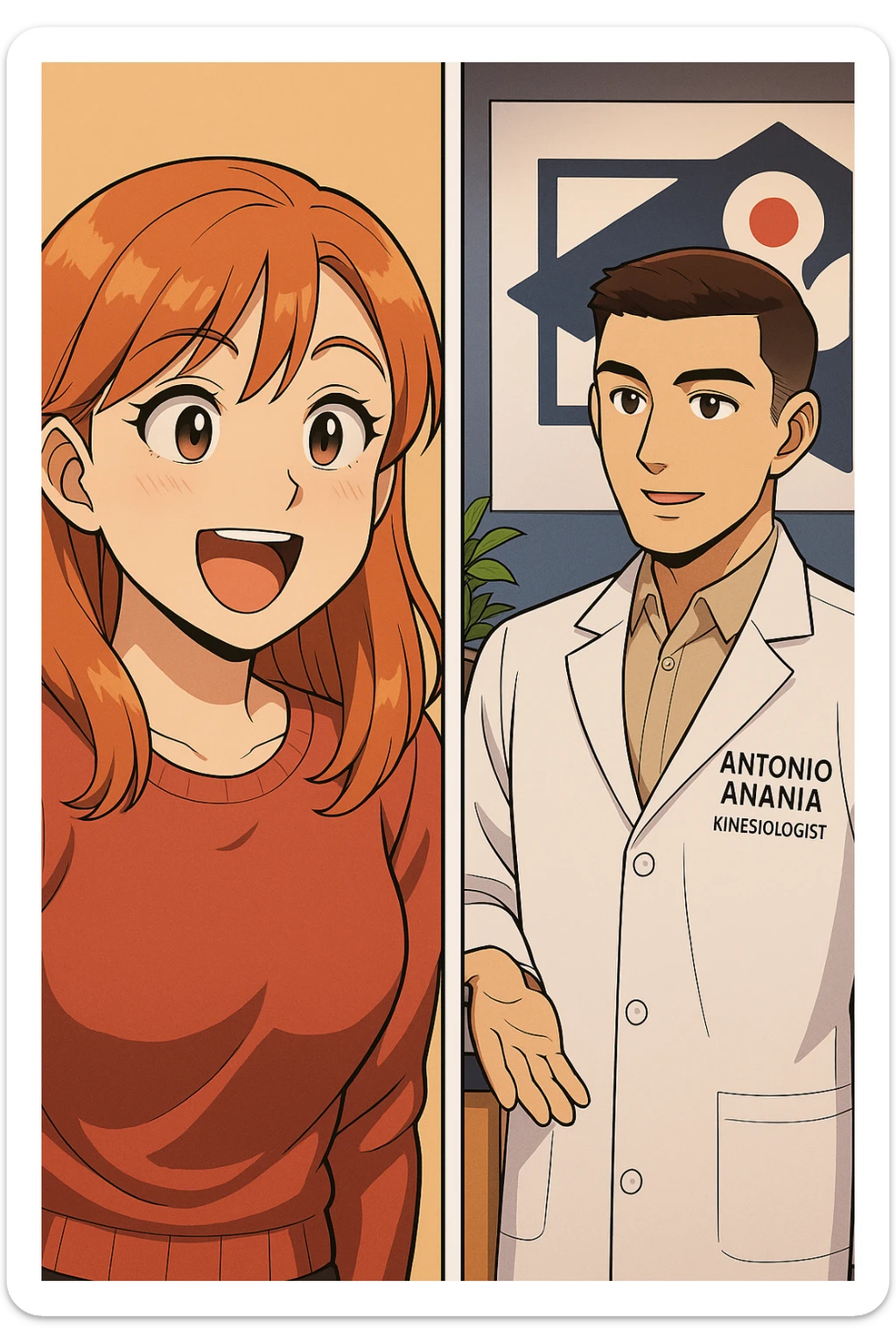 su questo stile fai un manga/webtoon a colori in cui C'è UNA STRISCIA CON FOCUS SUL VOLTO DELLA donna CON ESPRESSIONE DI STUPORE CHE ESCLAMA UNA COSA FELICE, MENTRE NELLA STRISCIA A DESTRA SI VEDE, l'uomo della foto in stile manga LE SPIEGA CHE DEVE PROVARE LA SUA VALUTAZIONE MEDICA, mantieni un ambiente simile alla foto che ho allegato con il suo logo (sarebbe il suo studio, lui è un kinesiologo), scrivigli "ANTONIO ANANIA" sul camice bianco, non mettere fumetti, ma fai in modo che sembri che la donna CHIEDA E  l'uomo RISPONDA sticker