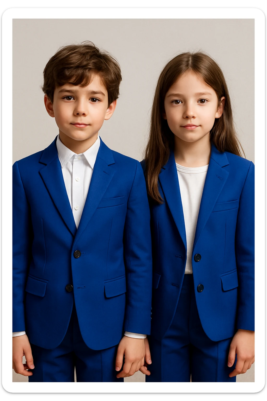 boy and girl standing side by side, both in cobalt blue suits, brown hair, neutral background sticker
