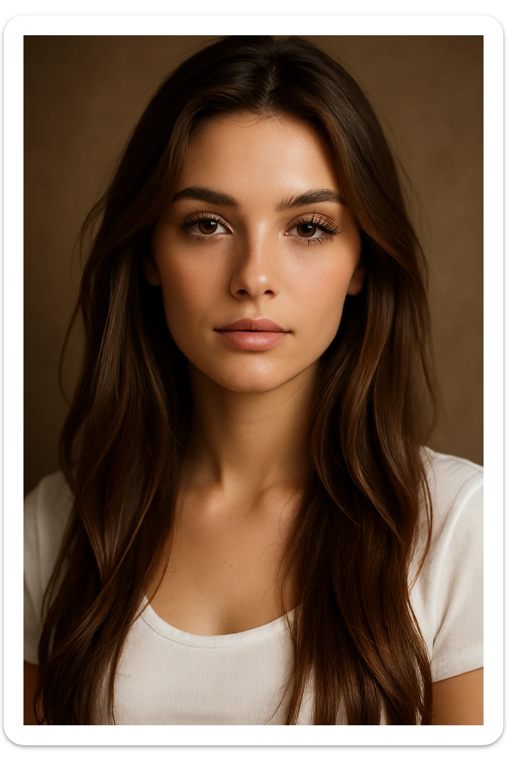 pretty girl with long brown hair, long eyelashes, wearing a white top, attractive facial features, portrait, detailed, beautiful lighting sticker