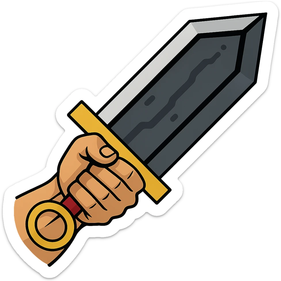 Add a strong hand gripping the hilt of the large Berserk-inspired sword, keeping the dramatic fantasy style and metallic textures, with no background. sticker