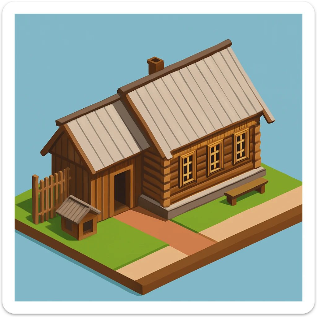 isometric illustration of the building. 3D isometric infographic design. Clean lines, bright and saturated colors, minimal unnecessary details. View from above at an angle (isometric), showing the roof, facade, and part of the surrounding area. Soft shadows, daylight lighting, no harsh contrasts. Background should be solid (blue, gray, or light tone). Add a small area around the building (roads, tiles, grass) so the building looks complete. Accurately represent the architectural features of the building (roof shape, facade, colors). Final style should be neat and polished, similar to posters or educational infographics. sticker