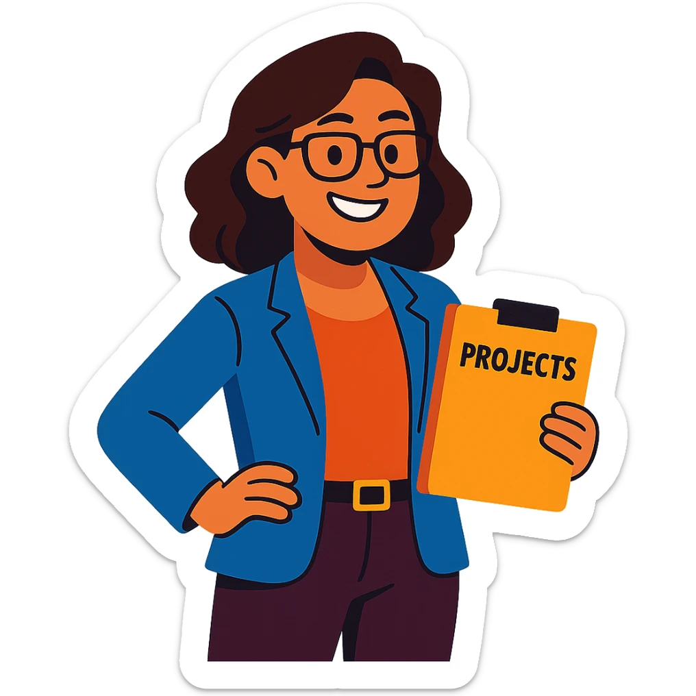 a cheerful and confident female project manager in a business casual outfit, smiling sticker