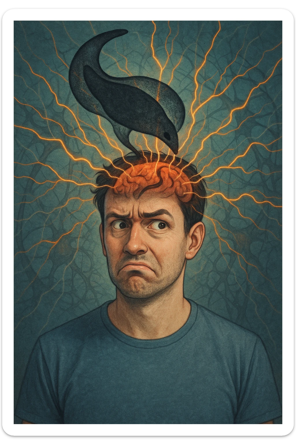 Uomo con espressione confusa e sbalzi emotivi visibili sul volto, in un ambiente surreale. Un'ombra astratta o un parassita trasparente (Toxoplasma gondii) si insinua nel cervello, con linee energetiche che influenzano le emozioni. Sfondo neurologico, atmosfera tesa, simbolismo mentale e parassitario. sticker