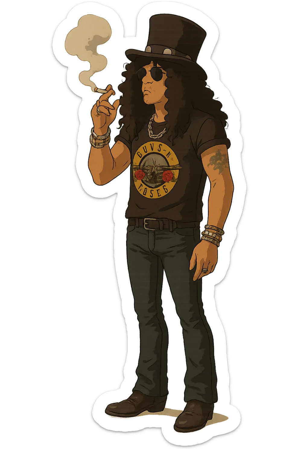 the full body of a rock star smoking a cigarette that looks like slash from guns and roses sticker