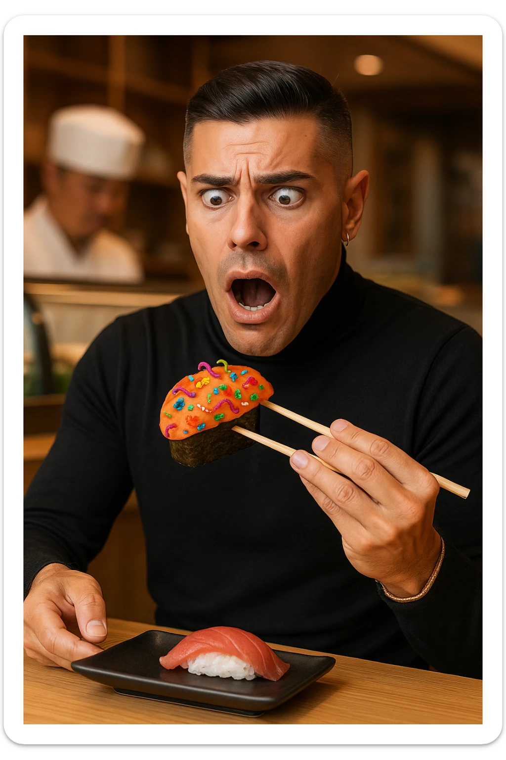 a man sits at a sushi bar, holding his chopsticks above a gunkan of salmon. As he looks closely, he notices visible parasites and bacteria—depicted as small worms and colorful bacterial shapes—on the surface of the sushi. His eyes widen and his mouth opens in shock, clearly alarmed. The background shows the sushi counter and chef, but the focus is on the man’s reaction and the contaminated sushi. sticker
