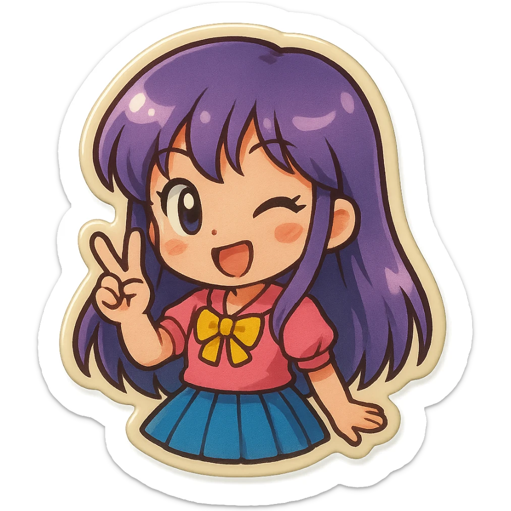 chibi anime girl with long purple hair, winking and making a peace sign, retro stickers style sticker